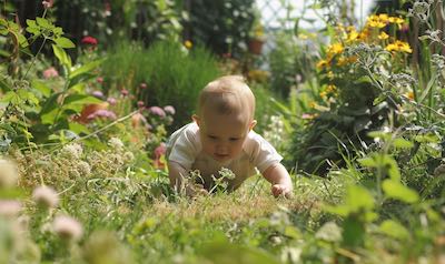 Baby krabbelt alleine durch einen Garten