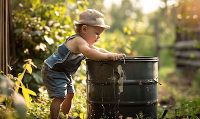 Kleinkind spielt an einer Regentonne kein babysicherer Garten