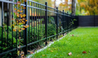 Zaun aus Metall in einem Garten neben Rasen